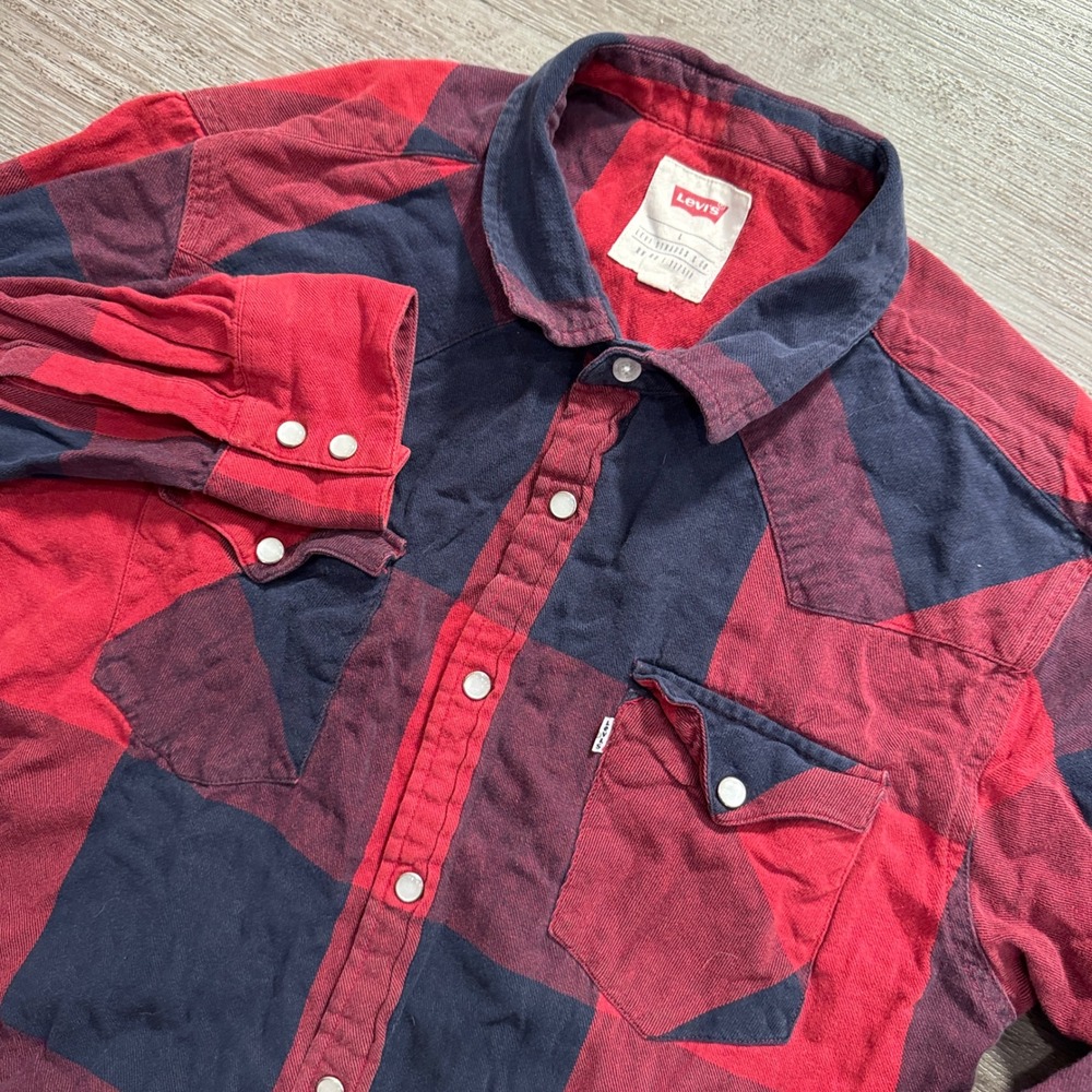 Levis Shirt Women Large Red Blue Cotton Buffalo Plaid Western‎ Pearl Snap Rodeo